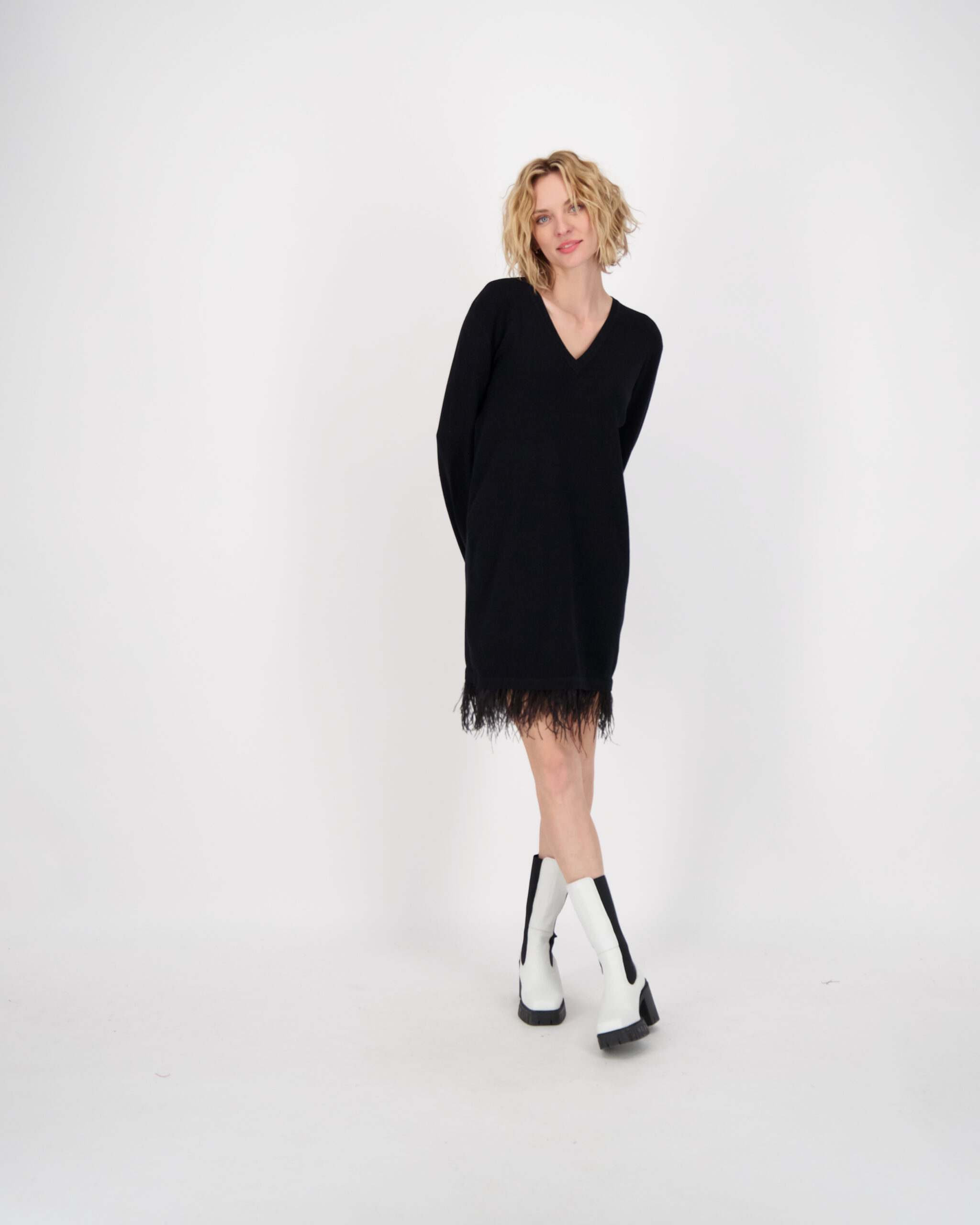 Feather Trim V-neck Knit Dress by Gabby Isabella in Black
