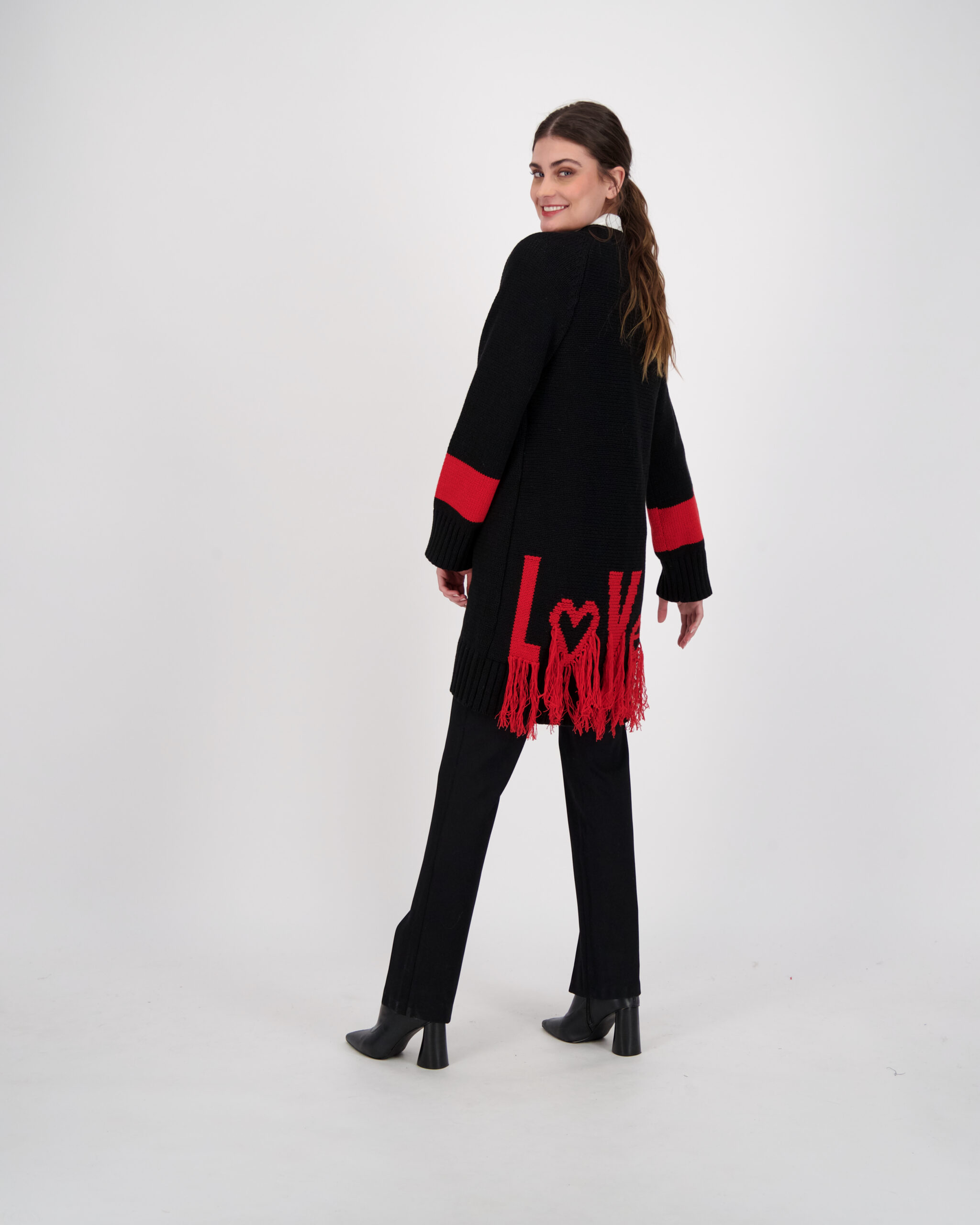 Fringe Back Cardigan by Gabby Isabella in Black/Red